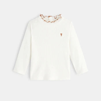 تيشيرت بناتي أبيض بياقة مضلعة ومسطحة