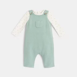 Newborns' knitted dungarees and bodysuit in green cotton