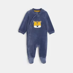 Baby boys' blue fox head-themed velvet sleep suit
