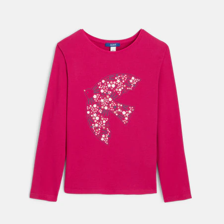 Girls' pink dove motif T-shirt with long sleeves