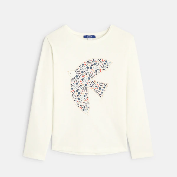 Girls' white dove motif T-shirt with long sleeves