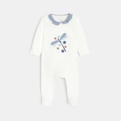 Baby girls' white velvet dragonfly-themed sleep suit