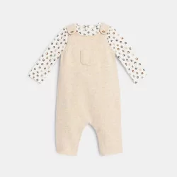 Newborns' beige cotton dungarees and bodysuit