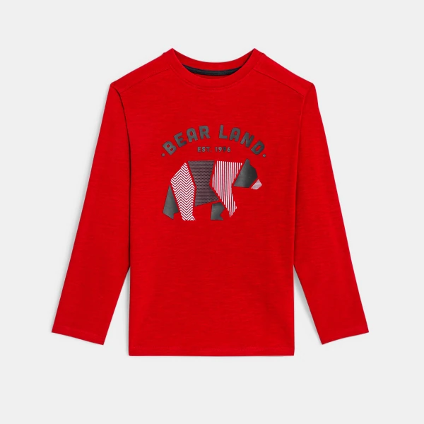Boys' red bear-themed long-sleeve T-shirt
