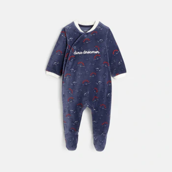 Baby boys' blue dinosaur-themed velvet sleep suit