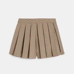 Girls' brown pleated shorts with small checks