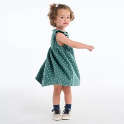 Baby girls' green decorative cotton dress with ruffles and dragonfly print