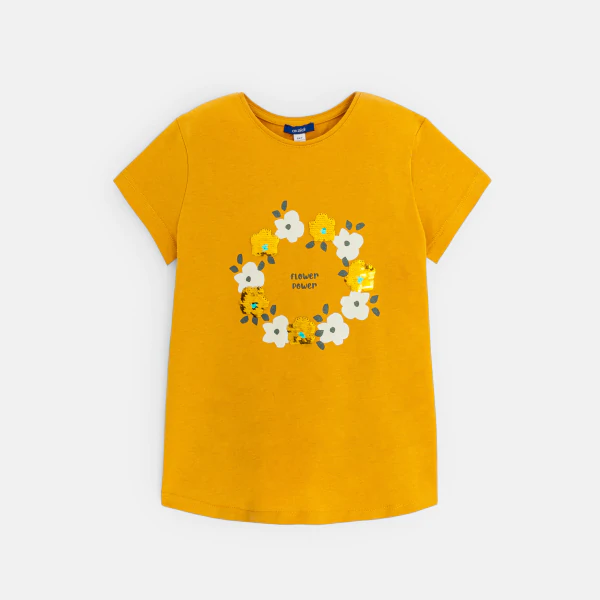 Girl's yellow floral and sequined t-shirt