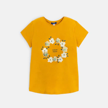 Girl's yellow floral and sequined t-shirt