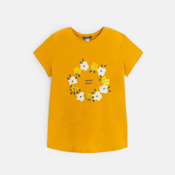 Girl's yellow floral and sequined t-shirt