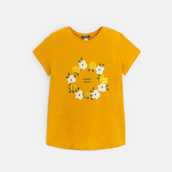 Girl's yellow floral and sequined t-shirt