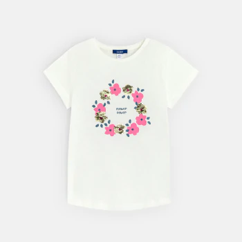 Girl's white floral and sequin t-shirt