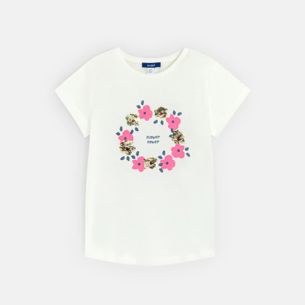 Girl's white floral and sequin t-shirt