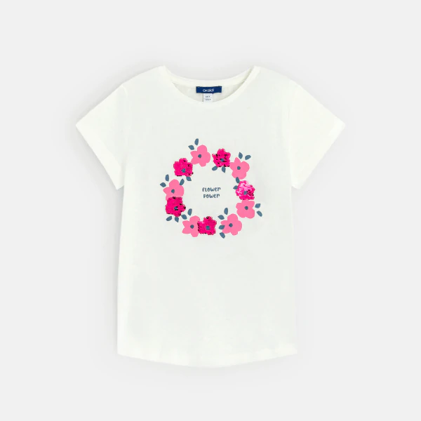 Girl's white floral and sequin t-shirt