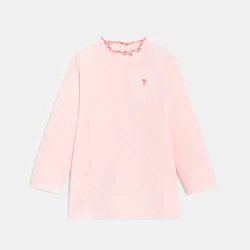 Baby girls' pink flat-ribbed T-shirt with wavy collar