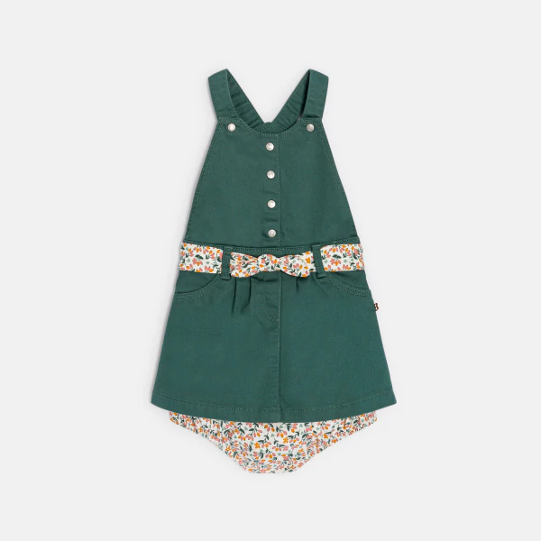 Baby girl's green cotton poplin dungaree dress