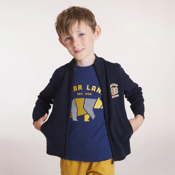 Boys' blue bear-themed long-sleeve T-shirt