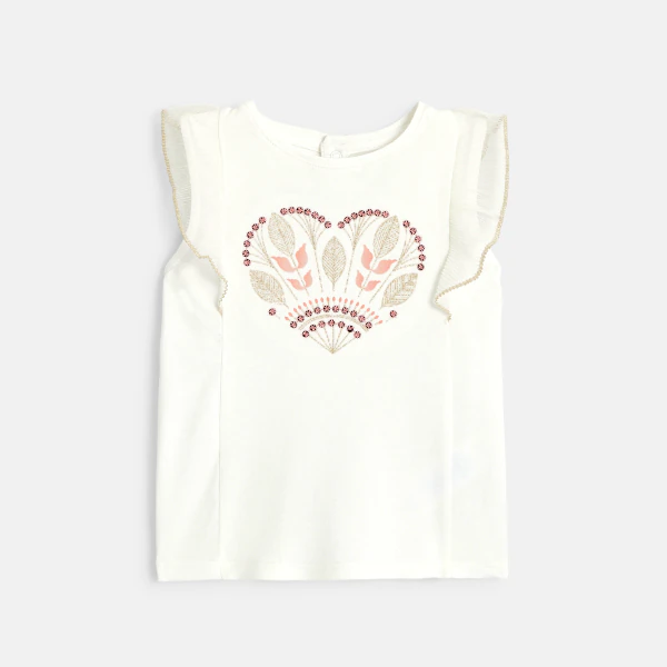 Baby girl's white embroidered T-shirt with ruffle sleeves