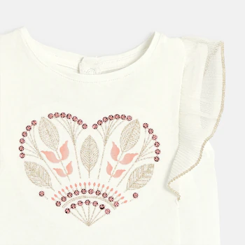 Baby girl's white embroidered T-shirt with ruffle sleeves