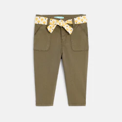 Baby girl's khaki green cotton floral trousers with patterned floral belt
