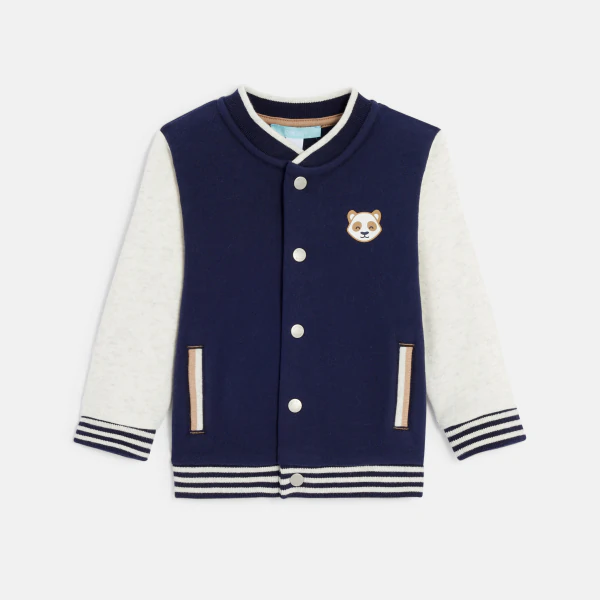 Baby boy's blue varsity-style jacket with panda patch