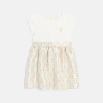 Baby girl's two-fabric shiny party dress with jacquard motifs