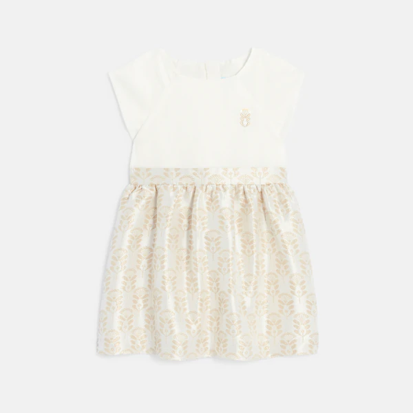 Baby girl's two-fabric shiny party dress with jacquard motifs