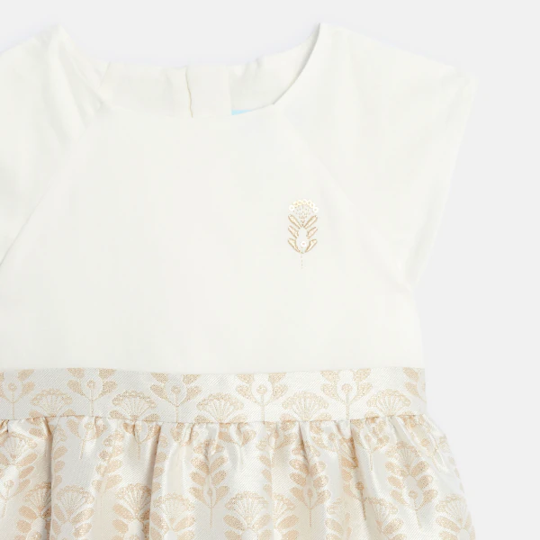 Baby girl's two-fabric shiny party dress with jacquard motifs