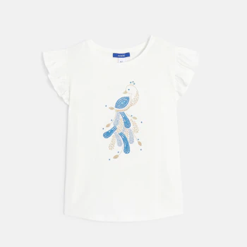 Girl's white peacock print T-shirt