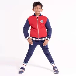 Two-tone quilted fleece letterman jacket