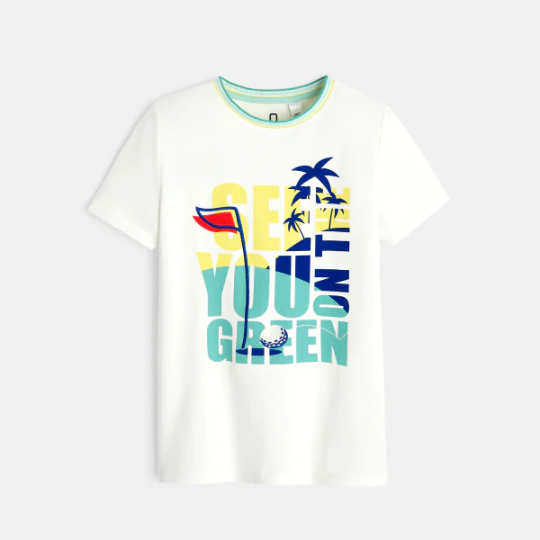 Boy's white patterned T-shirt with short sleeves
