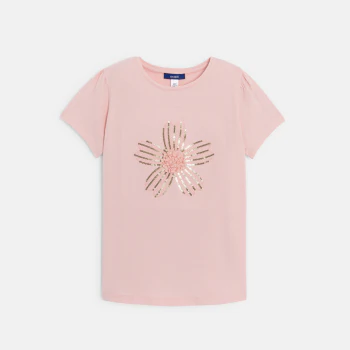 Girl's pink sequinned T-shirt with short sleeves