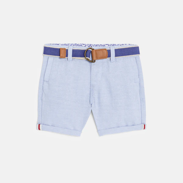 Baby boy's mottled cotton Bermuda shorts with blue fabric belt