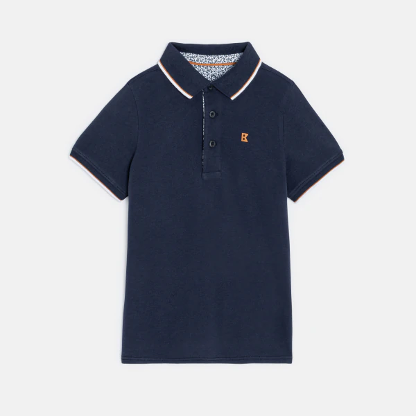 Boy's navy blue cotton piqué polo shirt with short sleeves