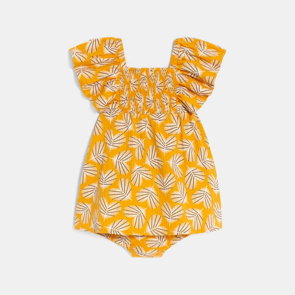 Baby girl's yellow smoked dress in textured cotton