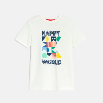Boy's white slogan T-shirt with short sleeves