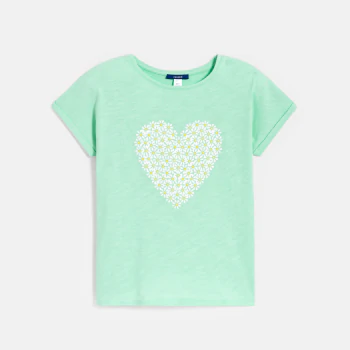 Girl's green short-sleeve T-shirt with heart motif