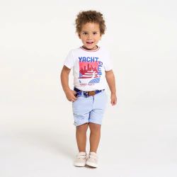 Baby boy's mottled cotton Bermuda shorts with blue fabric belt