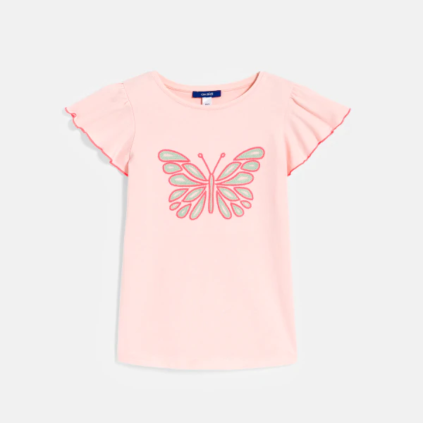 Girl's pink short-sleeve T-shirt with butterfly motif