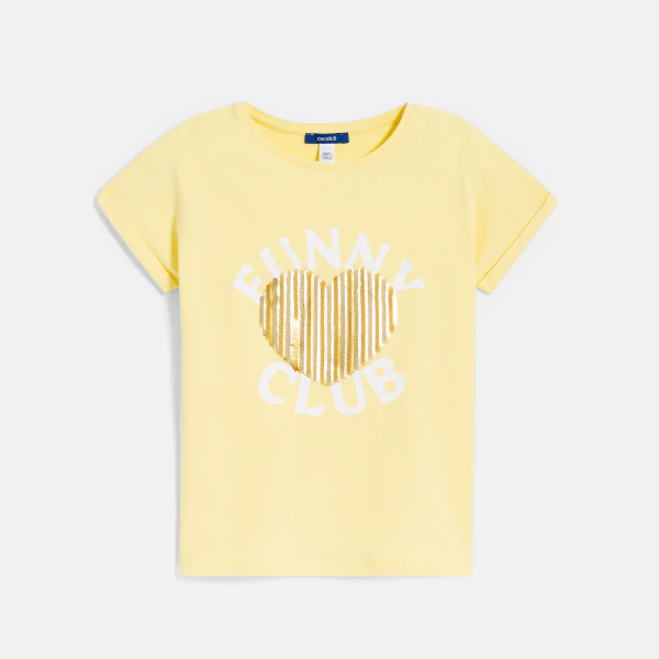 Girl's yellow sequinned T-shirt with short sleeves