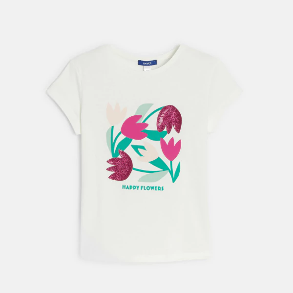 Girl's white printed short-sleeve T-shirt