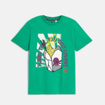 Boy's green Japanese-style patterned T-shirt with short sleeves