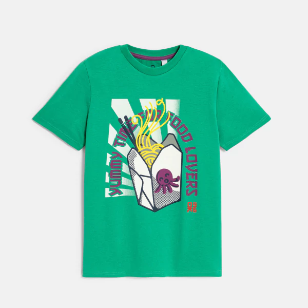 Boy's green Japanese-style patterned T-shirt with short sleeves