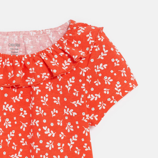 Baby girl's pink textured fabric T-shirt with ruffle collar