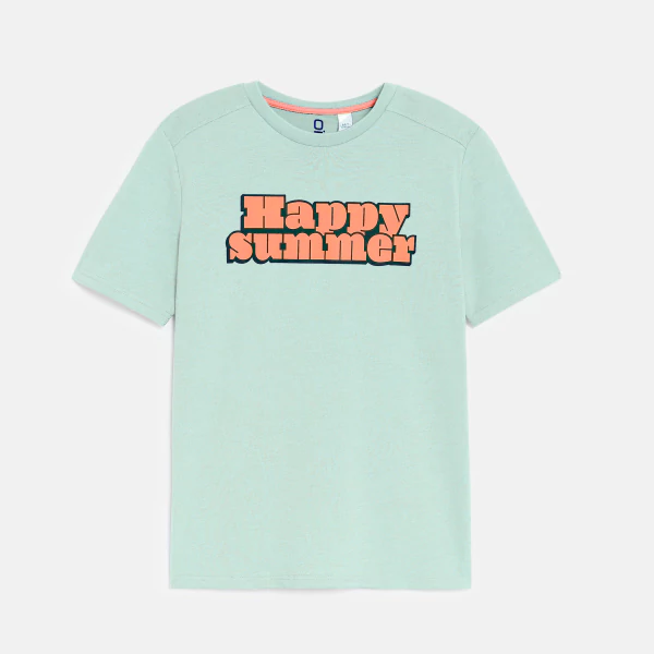 Boy's turquoise slogan T-shirt with short sleeves