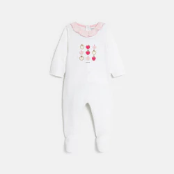 Baby girl's patterned white sleepsuit with embroidered apples
