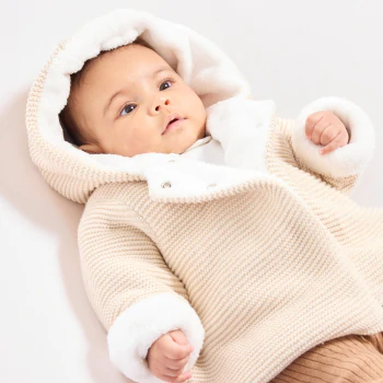 Newborn warm beige knitted jacket with hood and soft boa lining