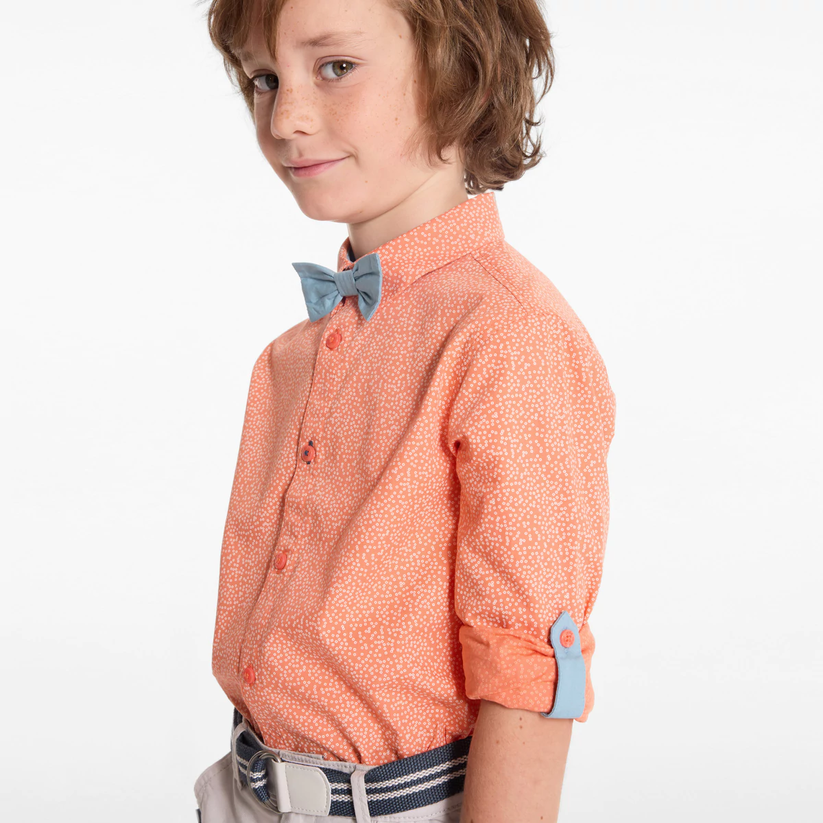 Boy's orange printed shirt + bow tie