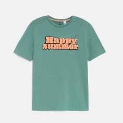 Boy's green slogan T-shirt with short sleeves