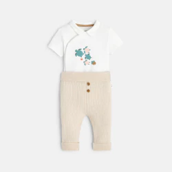 Baby boy's white turtle bodysuit and soft trousers